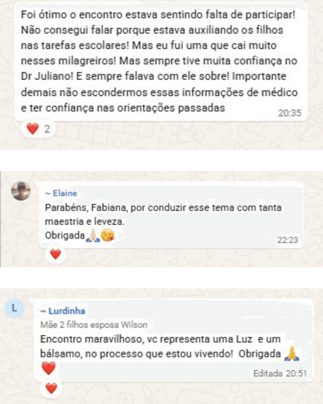 Print de conversa do grupo de apoio Vida Além do Câncer