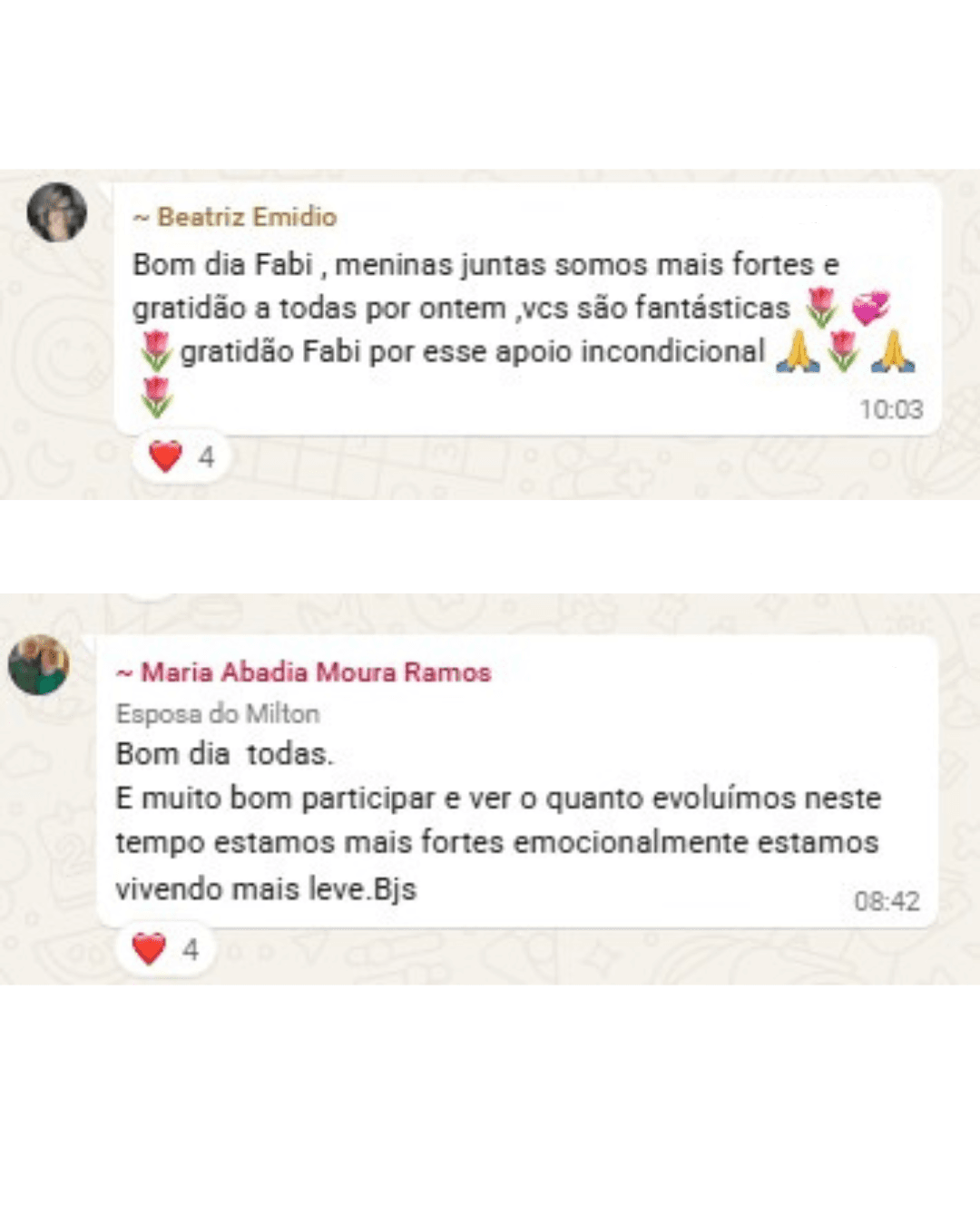 Print de conversa do grupo de apoio Vida Além do Câncer